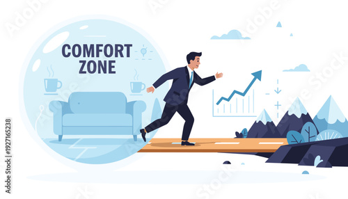 Businessman leaving his comfort zone bubble with a sofa and coffee to pursue career growth and success, symbolized by a rising arrow chart and mountain landscape, personal development concept.