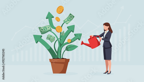 Businesswoman watering a money tree with upward arrows, dollar bills, and gold coins in a pot, symbolizing financial growth, investment success, wealth management, profit, and capital gain.