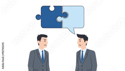 Businessmen in suits facing each other with angry expressions and a mismatched jigsaw puzzle speech bubble, symbolizing failed communication, conflict, misunderstanding, and lack of cooperation.