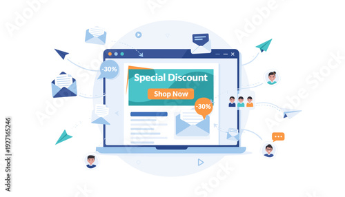 Digital email marketing campaign concept with laptop displaying special discount newsletter, sending promotional messages to customers via envelopes and paper planes for e-commerce business growth.