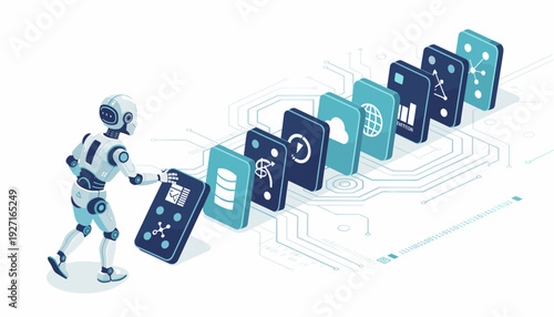 Artificial Intelligence Robot Pushing Dominoes with Tech Icons for Automation, Data Analytics, and Global Connectivity, Representing the Domino Effect of Digital Transformation Vector Design