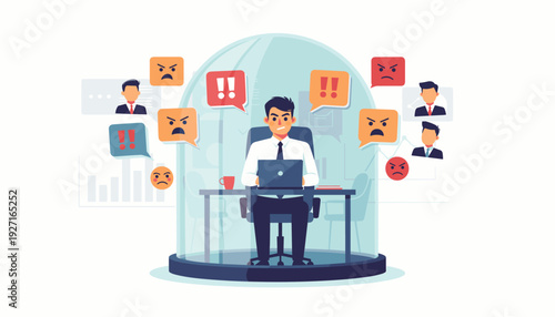 Professional businessman working on a laptop inside a protective glass dome, shielded from angry customer feedback, negative comments, and workplace pressure, resilience and stress management.