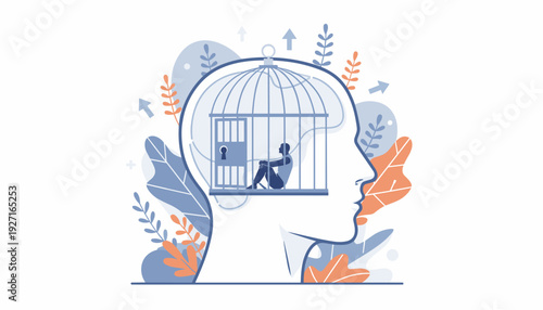 Mental Health Concept Illustration of a Human Head with a Person Trapped Inside a Birdcage Representing Psychological Barriers, Comfort Zone, Anxiety, Depression, and Internal Mental Prison Mindset