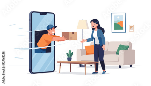 Fast online delivery service concept with courier emerging from a smartphone screen to deliver a package directly to a woman in her living room. E-commerce, mobile app convenience, and speed.