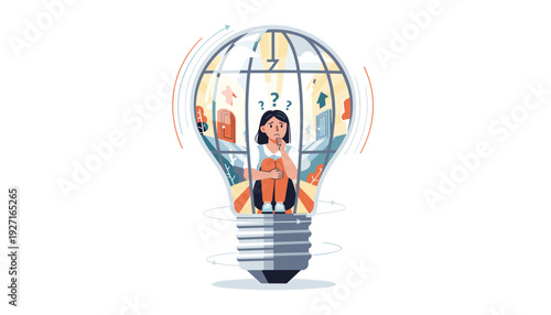 Metaphorical Illustration of a Woman Trapped Inside a Lightbulb Cage Representing a Fixed Mindset, Fear of the Unknown, and Feeling Stuck or Confused While Making Difficult Life Decisions.