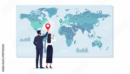 Business People Planning Global Expansion and Placing Location Pin on World Map, Corporate Strategy for International Growth, Franchise Development and Market Research Vector Illustration