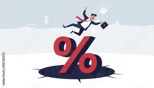 Vector illustration of a panicked businessman falling into a percentage symbol hole, representing the danger of high interest rates, financial crisis, debt trap, and economic instability.