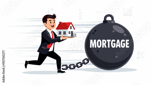 Businessman running with a house model while chained to a heavy mortgage weight. Concept of financial burden, real estate debt, home loan pressure, and economic struggle vector illustration.