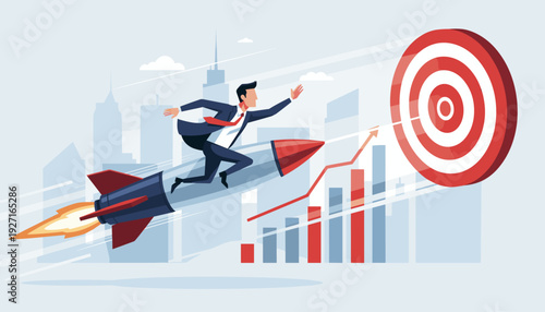 Successful businessman riding a fast rocket missile towards a giant target with a rising bar chart and city skyline, representing powerful marketing strategy, growth, and business achievement.
