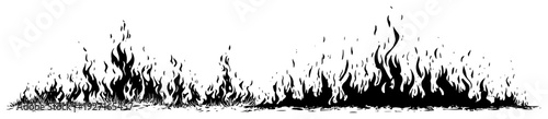 Black and white silhouette of burning fire flames in a horizontal decorative border style