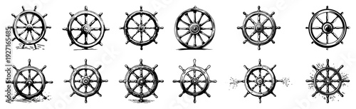Set of vintage nautical ship steering wheels in hand drawn style