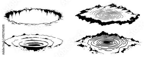 Set of circular water ripples and ground craters in vintage engraving style