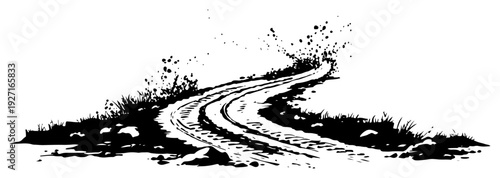 Winding dirt country road with mud splashes and grass borders in ink style