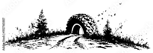 Large tractor tire buried in the ground among wild grass