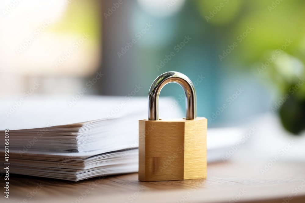 Fototapeta premium Financial Document Protection Concept with Padlock and Paperwork Display