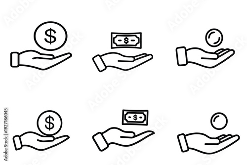 Hand holding money icon set featuring outline of palm with dollar coin banknote and gold medal for cash payment financial reward and more vector illustration or editable stroke