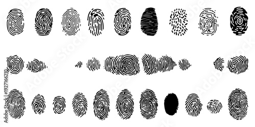 Set of black fingerprint impressions and biometric identification marks