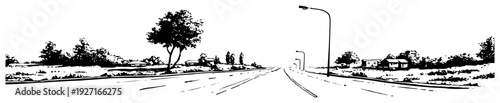 Perspective sketch of an empty highway road with street lights