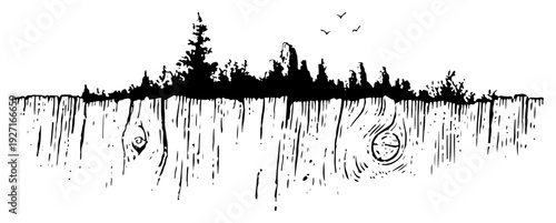 Surreal forest silhouette on top of a wooden cliff