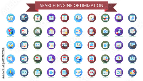 Search Engine Optimization rounded color icon pack. contain web traffic, brand identity, campaign, algorithm, analytics, audience, target, rate, and more. Vector for UI, UX, web and app development