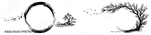 Collection of Zen style ink sketches featuring an Enso circle and artistic bonsai trees