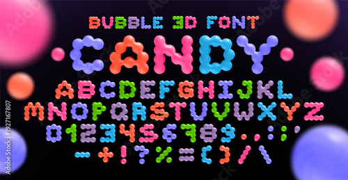 Candy 3D bubble font with colorful inflated balloon alphabet, numbers and symbols in Y2K style. Vector set