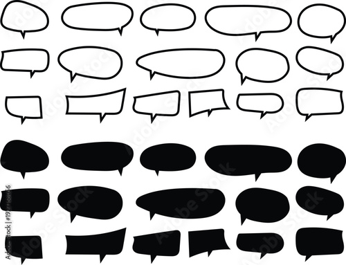 A collection of hand-drawn speech bubbles in various shapes, ready for adding text to any design project.
