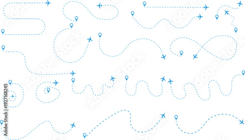 A collection of vector graphics various flight paths with airplane symbols and location pins, ready for design use, illustrating travel and movement concepts.