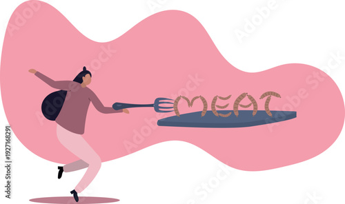 A female character pokes a sausage with a fork. Meat products concept.