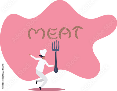 A chef with a fork and the inscription meat laid out from sausages.