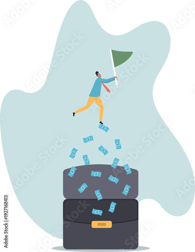 Reaching financial freedom, investment goal or income target, wealth planning achievement,human life and situation.