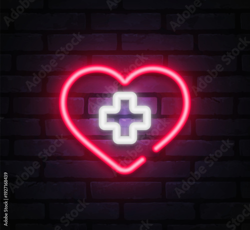 Glowing neon heart icon with white medical cross inside. Perfect for healthcare visuals, emergency symbols, and wellness related designs.