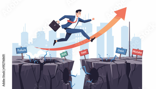Ambitious businessman in suit jumping over deep pitfalls labeled failure, risk, debt, and mistake while following a rising red arrow towards success, concept of overcoming business challenges.
