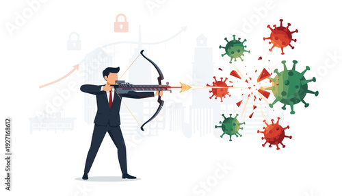 Businessman Shooting Crossbow at Coronavirus Particles to Overcome Pandemic and Economic Crisis, Victory of Mankind over COVID-19, Financial Recovery and Business Growth after Lockdown Illustration