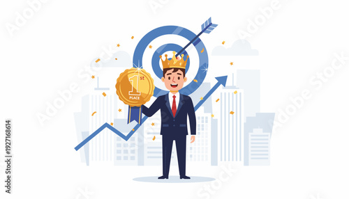 Successful businessman wearing a crown and holding a first place gold medal award, celebrating career achievement and victory with target bullseye, growth arrow graph, and city skyline background