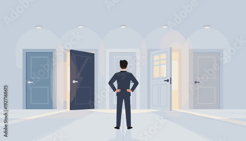 Businessman in Suit Standing in Front of Multiple Doors Choosing Career Path or Business Opportunity, Concept of Strategic Decision Making, Future Planning, Professional Growth and Success.