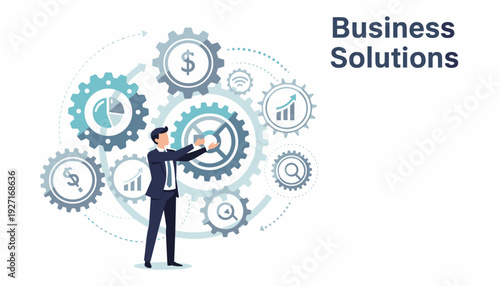 Businessman in a professional suit managing a complex gear system with financial icons like dollar signs and growth charts, representing business solutions, process optimization, and strategy.