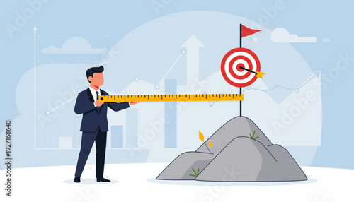 Professional businessman using a measuring tape to evaluate progress towards a target goal on a mountain peak, symbolizing performance metrics, strategic analysis, and business success growth.