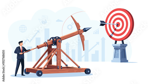 Businessman aiming high at a bullseye target with a large wooden catapult for business strategy success. Concept of achieving goals, precision marketing, and competitive advantage in the industry.