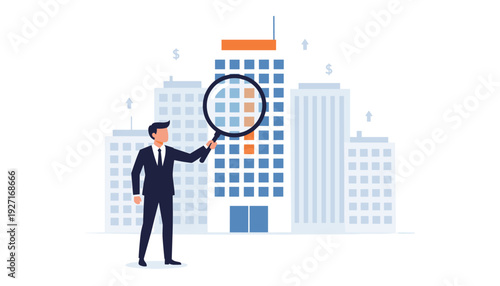 Businessman Holding Magnifying Glass Inspecting Office Buildings for Real Estate Investment Opportunity, Market Analysis, Corporate Growth, and Financial Due Diligence Vector Illustration