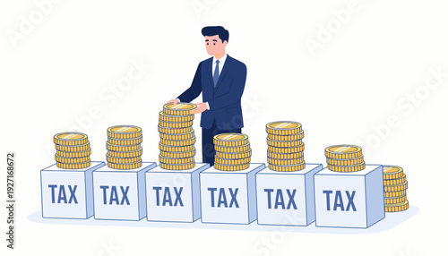 Professional businessman stacking gold coins on white cubes labeled TAX. Concept of taxation, financial planning, corporate tax, government revenue, and fiscal policy vector illustration.