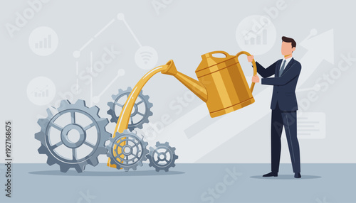 Businessman in a Suit Pouring Oil from a Golden Watering Can onto Metal Gears to Ensure Smooth Operation and Efficiency, Representing Business Solutions, Maintenance, and Process Optimization.