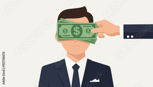 Businessman with cash money dollar banknote covering the eyes of another businessman. Bribery concept vector illustration of corruption, greed, and turning a blind eye to unethical business.