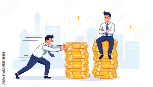 Businessman pushing a stack of gold coins against a rival sitting on top of another pile, illustrating business competition, financial success, wealth management, and market growth strategy.