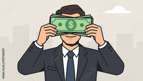 Vector illustration of a businessman covering his eyes with cash dollar banknotes, symbolizing bribery, corruption, and corporate greed. Concept of being blinded by money and unethical gain.