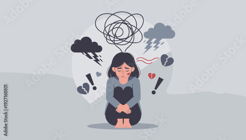 Sad woman sitting in despair with tangled thoughts, storm clouds, and broken hearts, representing depression, anxiety, mental health issues, stress, and emotional pain vector illustration.