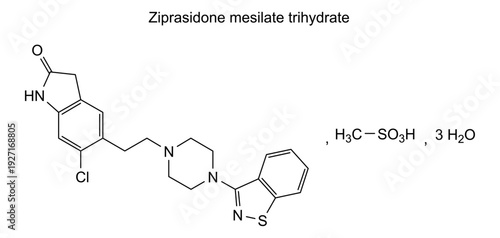 Ziprasidone mesilate trihydrate, chemical structure of ziprasidone mesilate trihydrate, drug substance