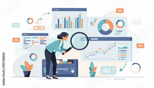 Professional woman analyzing business data with a magnifying glass, examining financial charts, bar graphs, and pie charts on a digital dashboard for statistical research and performance auditing.