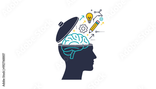 Symbol of Open Mind, New Skills, and Creative Abilities: Human Head Profile with Open Brain and Icons for Innovation, Learning, Education, Brainstorming, Problem Solving, and Growth Mindset
