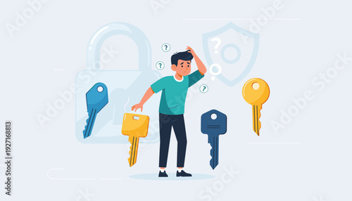 Confused Man Trying to Find the Right Key for a Large Padlock, Concept of Forgotten Passwords, Account Protection, Cyber Security, and Problem Solving Illustration in Flat Vector Design Style